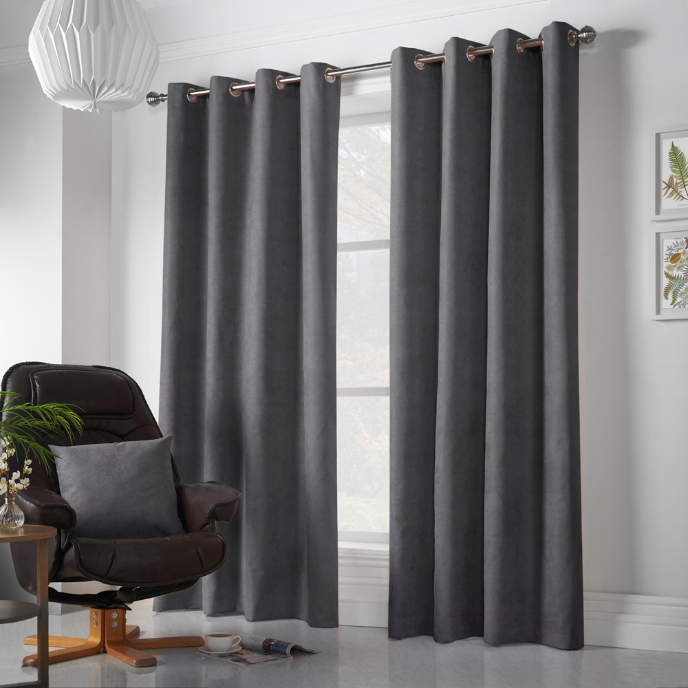 Alan Symonds Slate Velvet Chenille Ring Top Eyelet Curtains 142 x 137cm Image 4