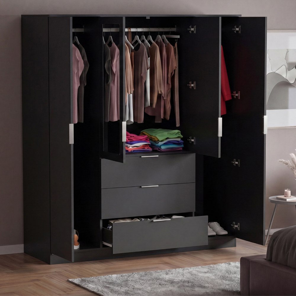 VIDA DESIGNS Trega 4 Door 3 Drawer Black Mirrored Wardrobe Image 4