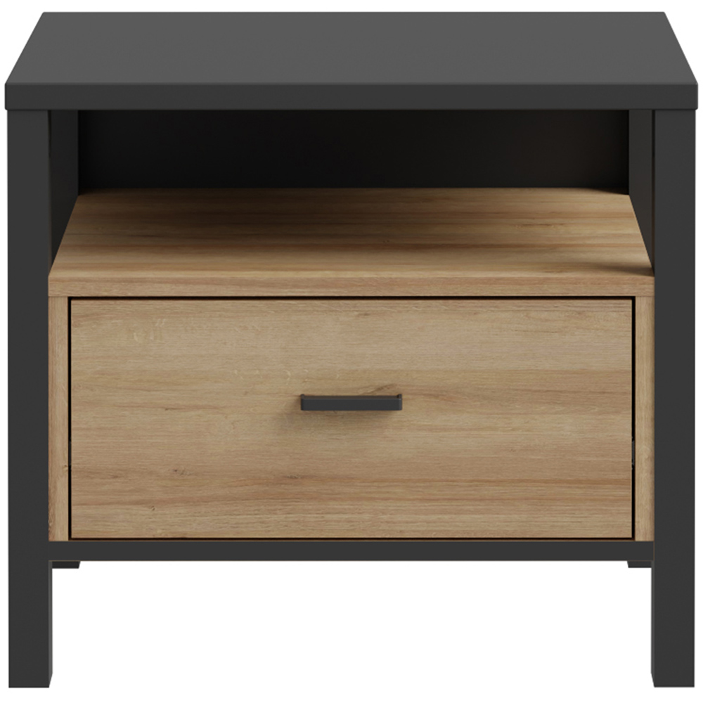 Florence High Rock Single Drawer Matt Black and Riviera Oak Bedside Table Image 3
