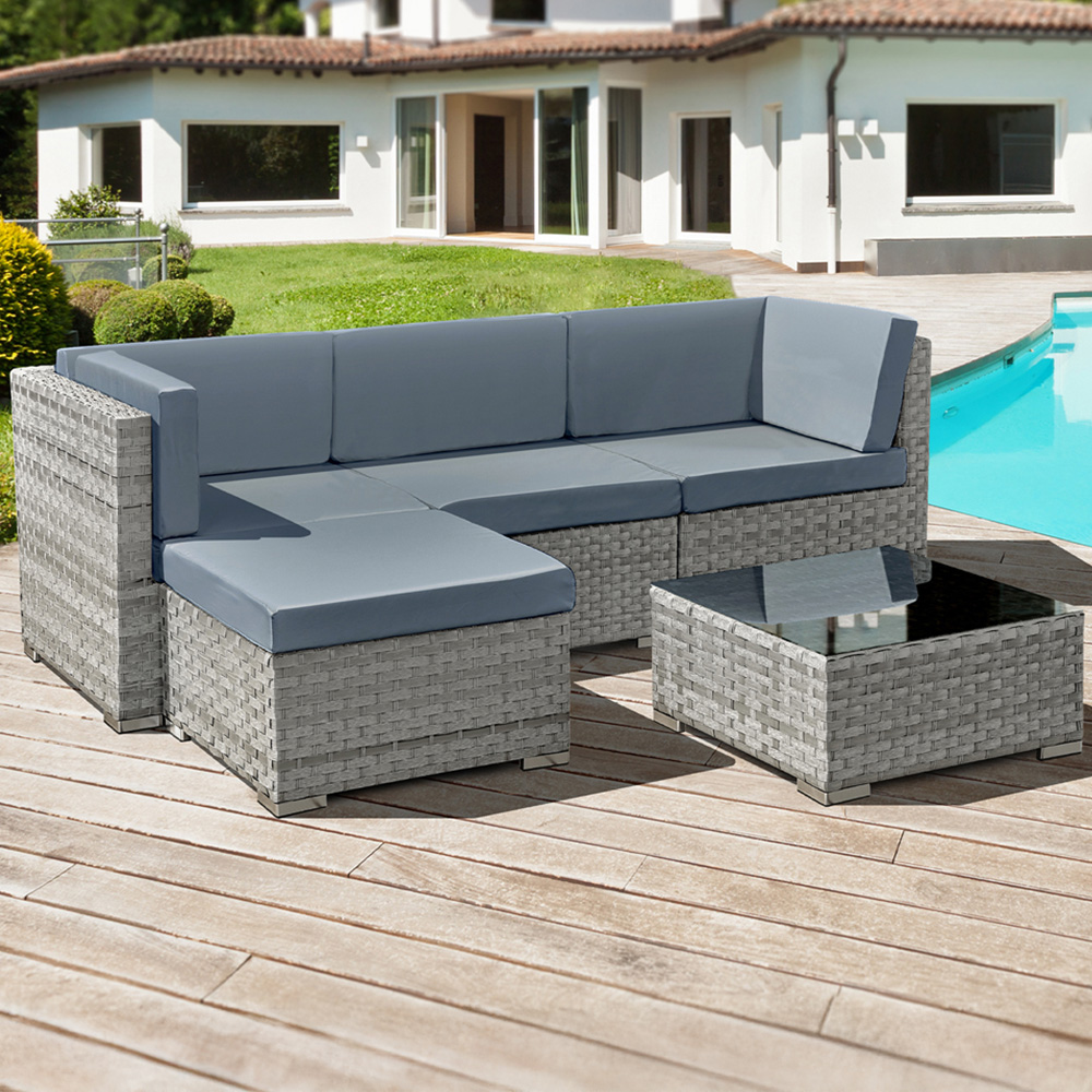 Oseasons Trinidad 4 Seater Dove Grey Rattan Chaise Lounge Set with Grey Cushions Image 1