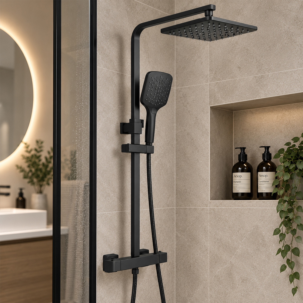 Go Bathrooms Matt Black Square Thermostatic Shower Kit Image 4