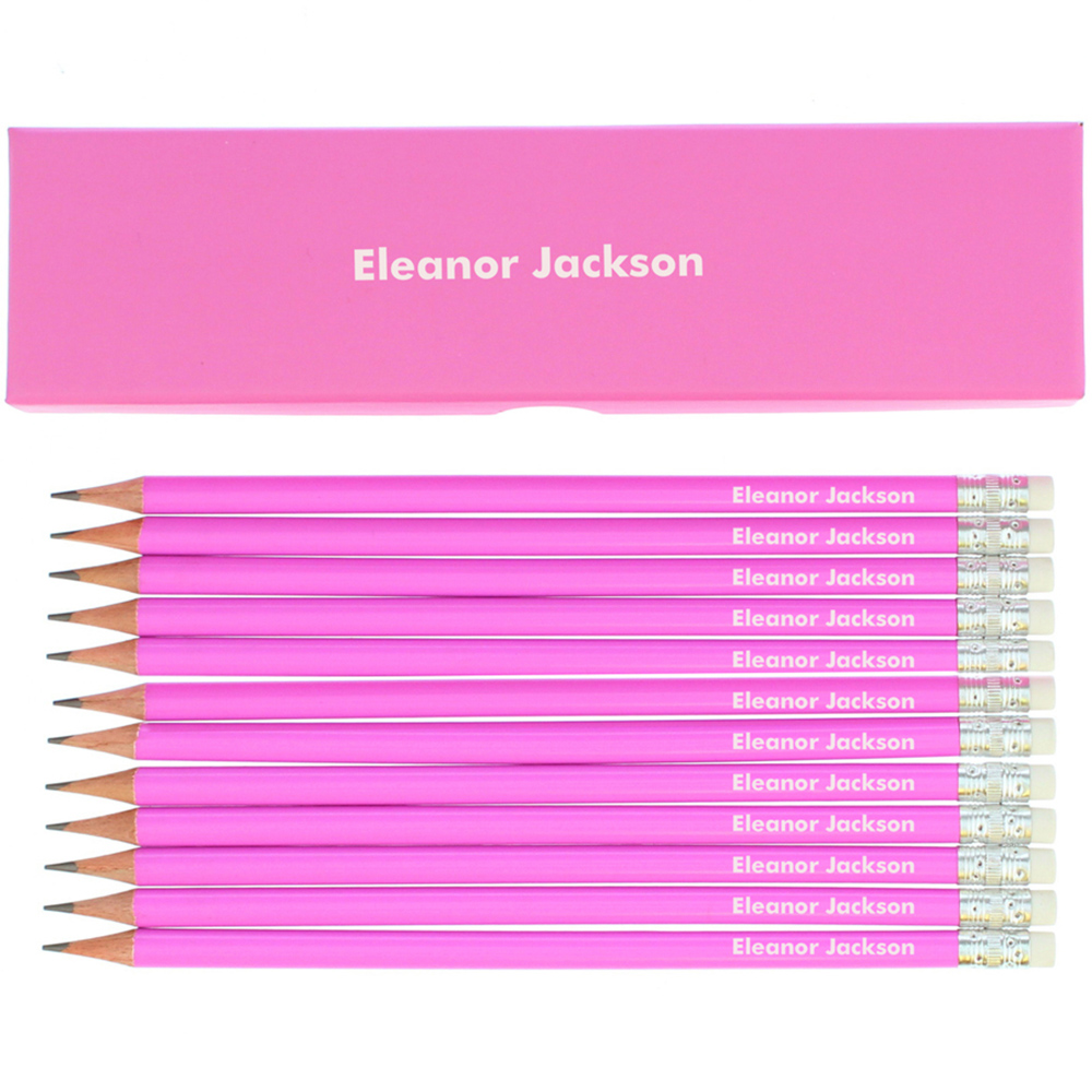 Personalised Memento Name Only Box and 12 Pink HB Pencils Image 1