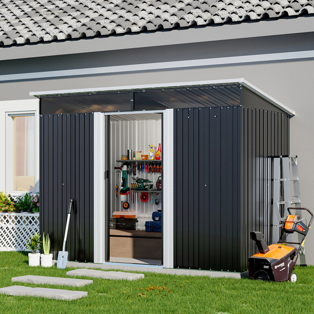 Living and Home 6 x 8.5ft Black Metal Garden Storage Shed with Lockable Sliding Doors Image 5