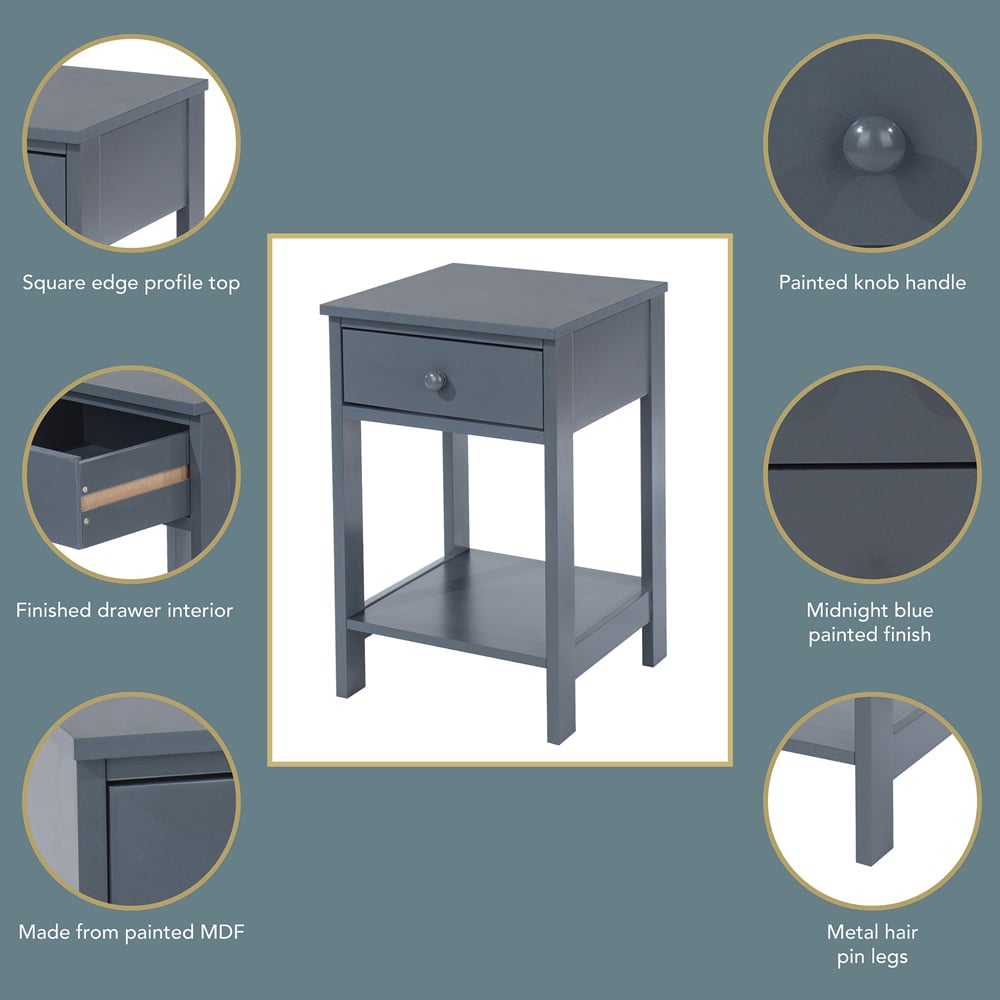 Shaker Single Drawer Midnight Blue Petite Bedside Table Image 6