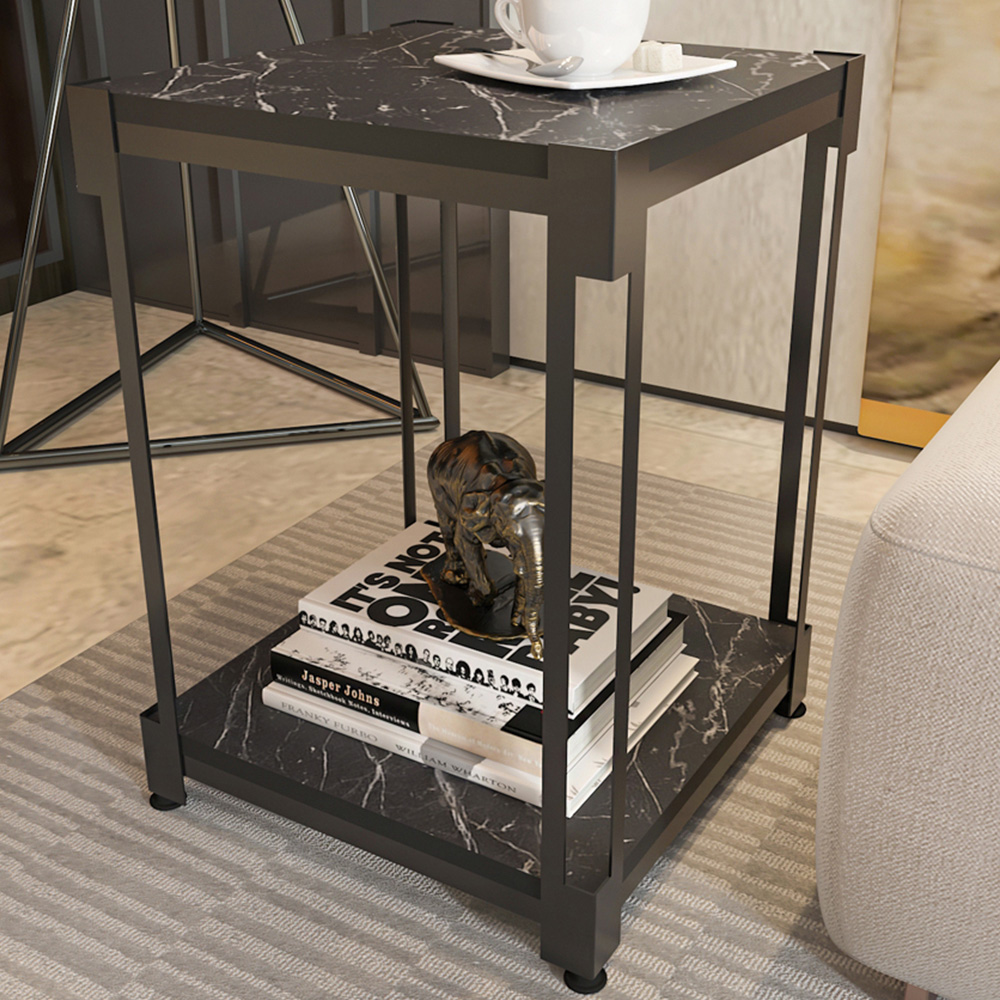 Decorotika Zenas Single Shelf Black Marble Effect Metal Industrial Nightstand Image 1