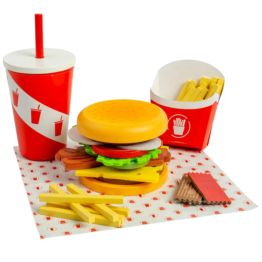 Bigjigs Toys Kids 48 Pieces Wooden Burger and Fries Pretend Playset Image 2