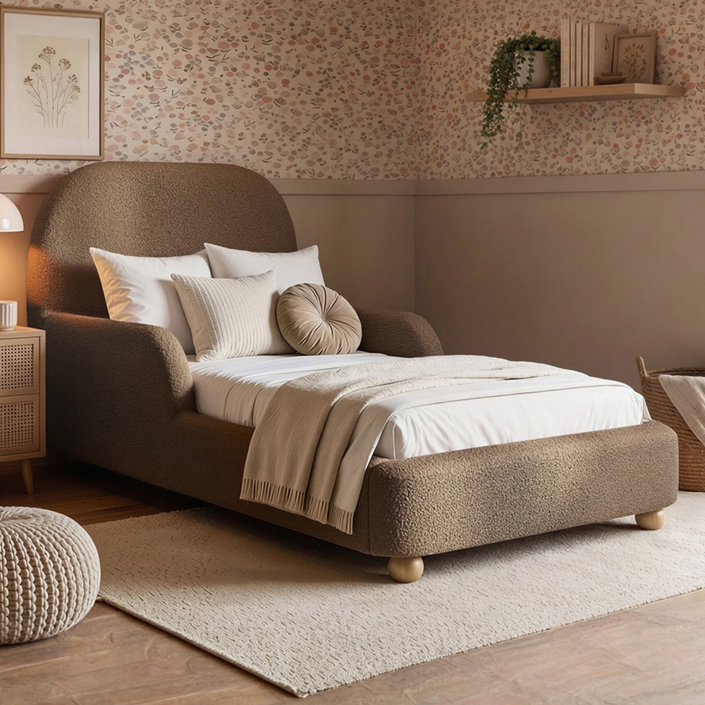 Flair Kira Single Brown Boucle Upholstered Bed with Curved Headboard Image 1