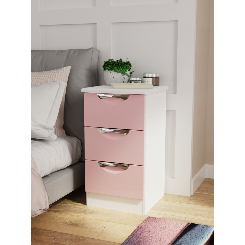 Crowndale Camden 3 Drawer Kobe Pink and White Bedside Cabinet Ready Assembled Image 7