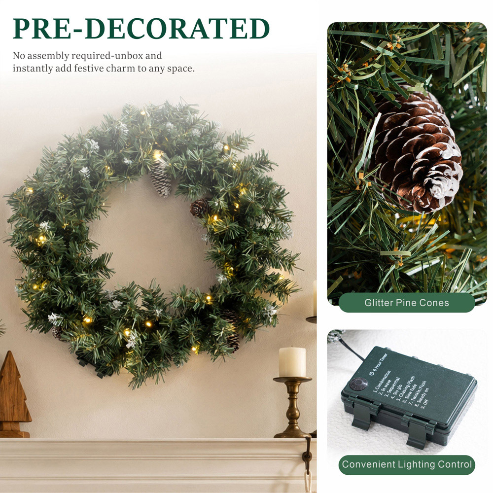 Abrihome 35 Warm White LED Multi-Function Artificial Christmas Wreath with Tips and Pinecones 50cm Image 5