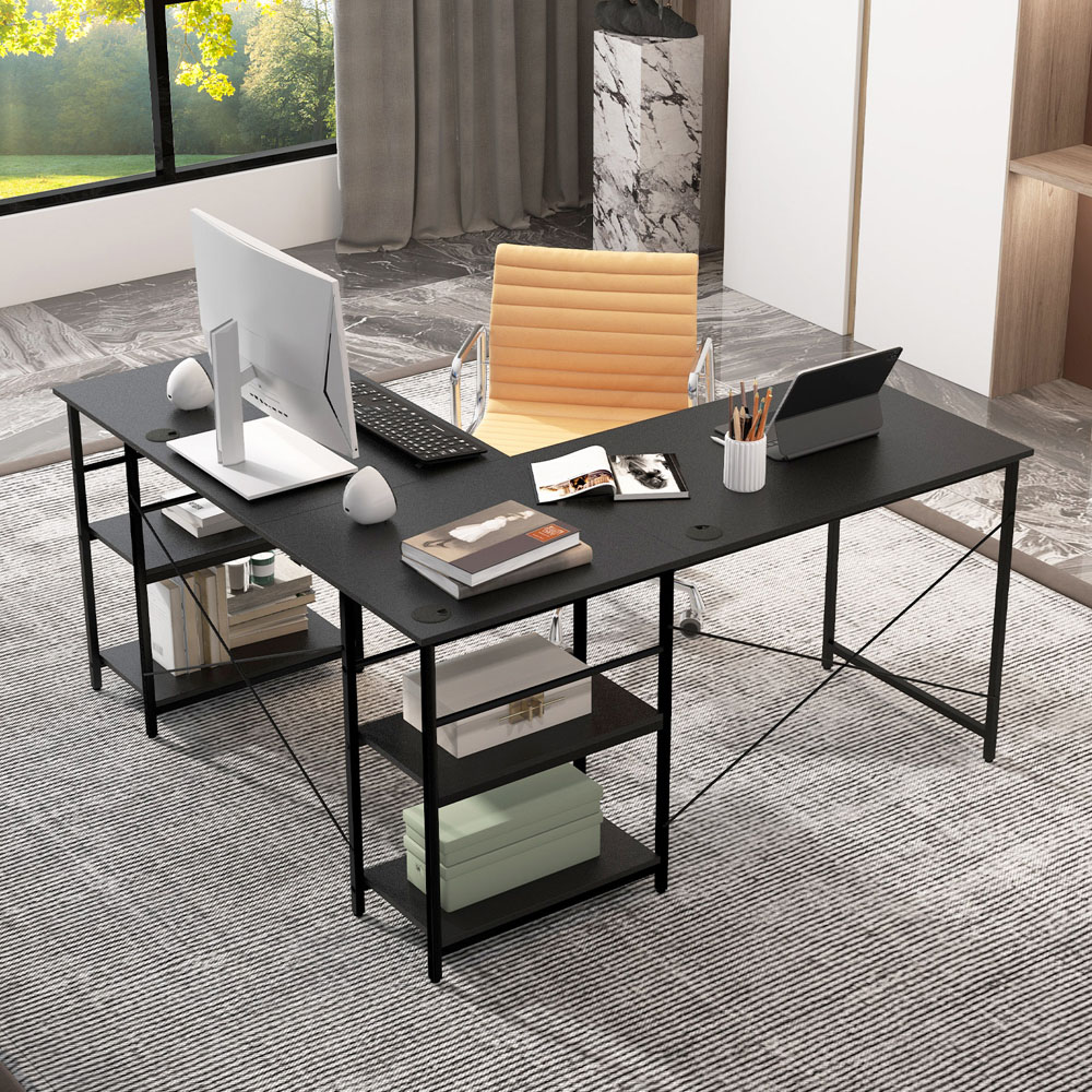 Costway 4 Shelf Black L-Shaped Wooden Industrial Desk Image 1