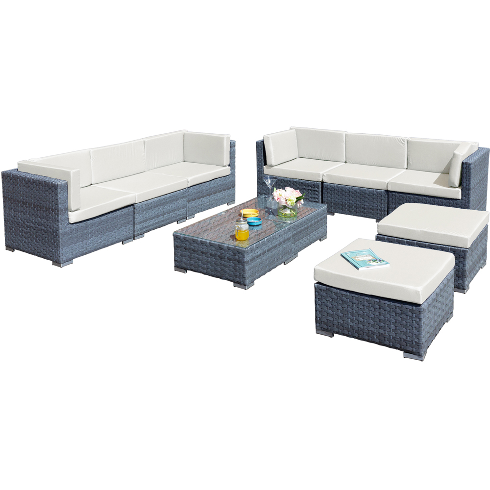Oseasons Trinidad Deluxe 8 Seater Ocean Grey Rattan Sofa Set with White Cushions Image 2