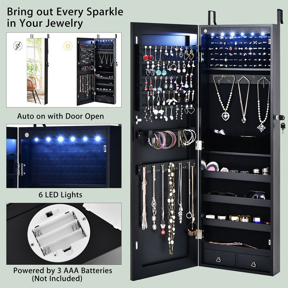 Costway 6 LED Black Wall Mounted Jewellery Armoire with Full Length Mirror Image 5