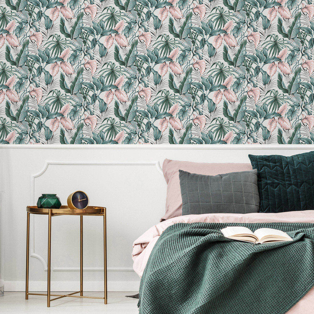 Sublime Leaves Exotique Light Grey and Pink Wallpaper Image 3