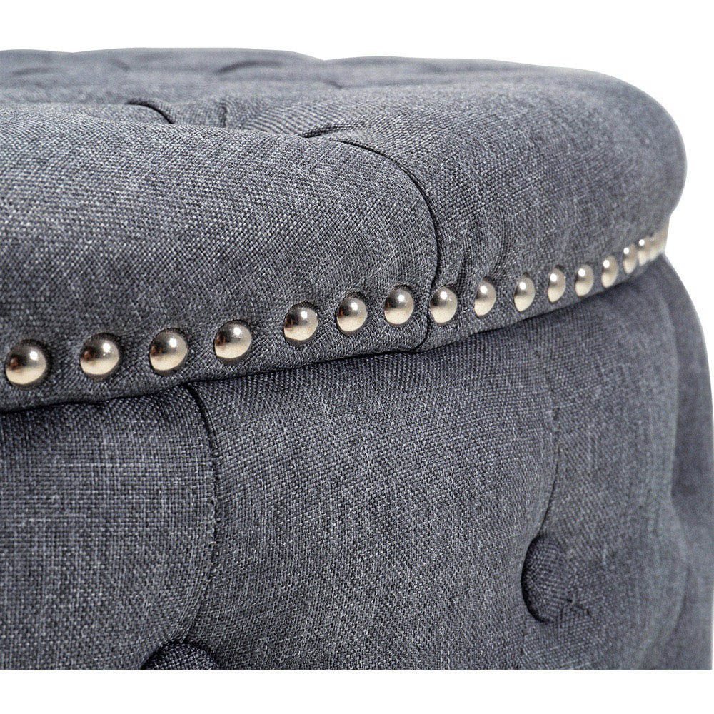 Living and Home Dark Grey Linen Round Buttoned Ottoman with Studded Edge Image 5