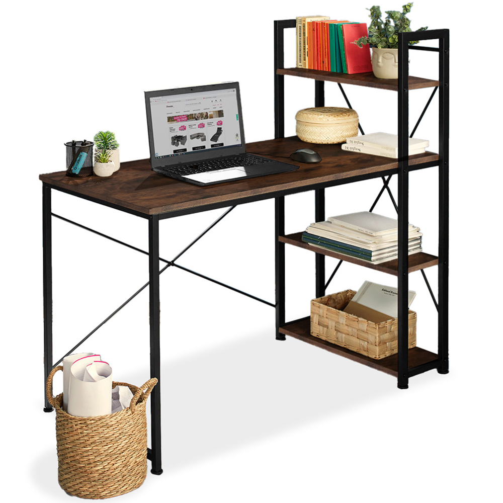 tectake 3 Compartment Dark Wood Industrial Desk with Integrated Shelf Image 2