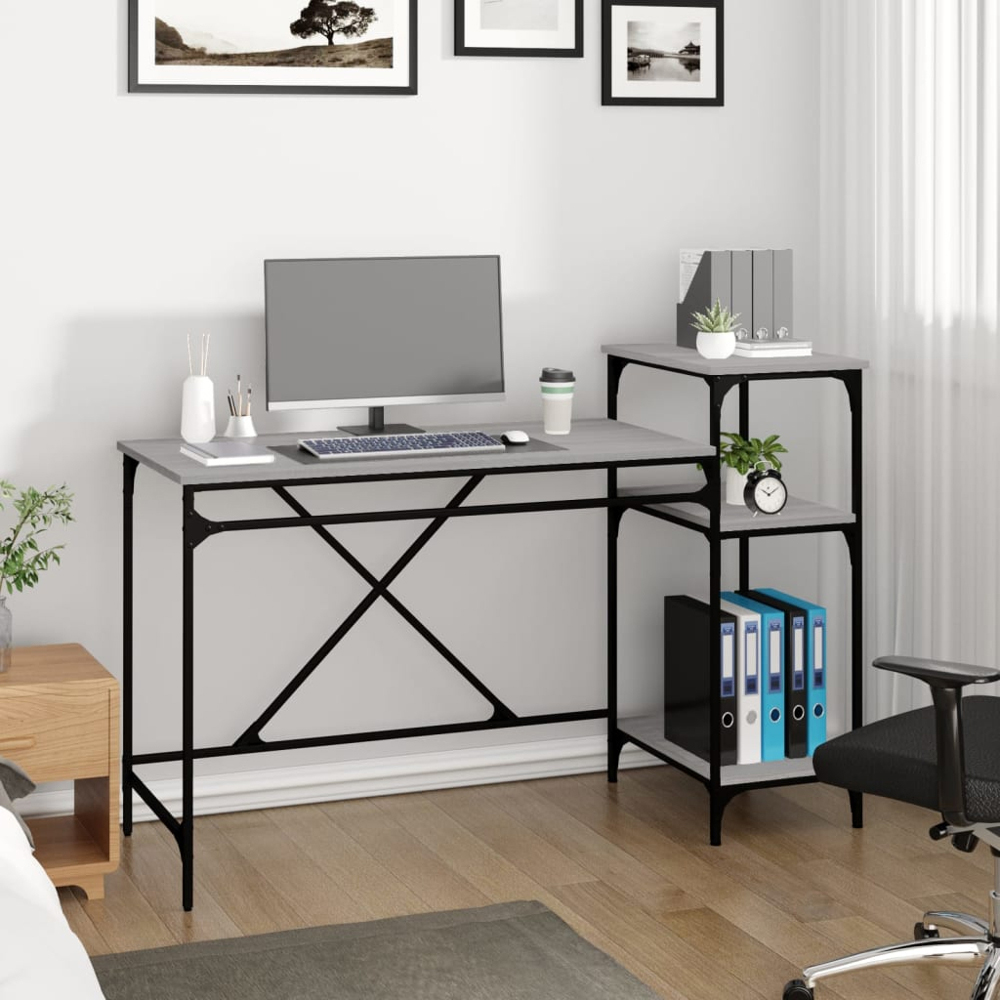 vidaXL 3 Shelf Industrial Style Computer Desk Grey Sonoma Image 7