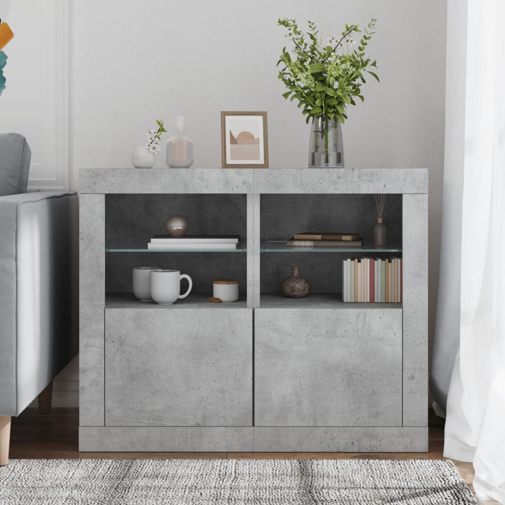 vidaXL Single Door 2 Shelf LED Concrete Grey Side Cabinet Set of 2 Image 9