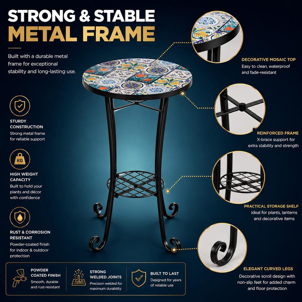 Shatchi Lisbon 2-in-1 Single Shelf Mosaic Ceramic Tile Top Plant Stand Side Table Image 5
