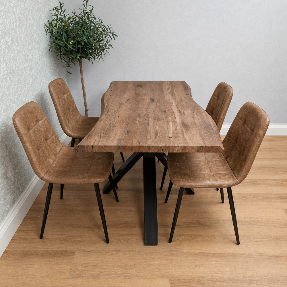 Kosy Koala 4 Seater Wooden Effect Faux Leather Dining Set Rustic Brown Image 2