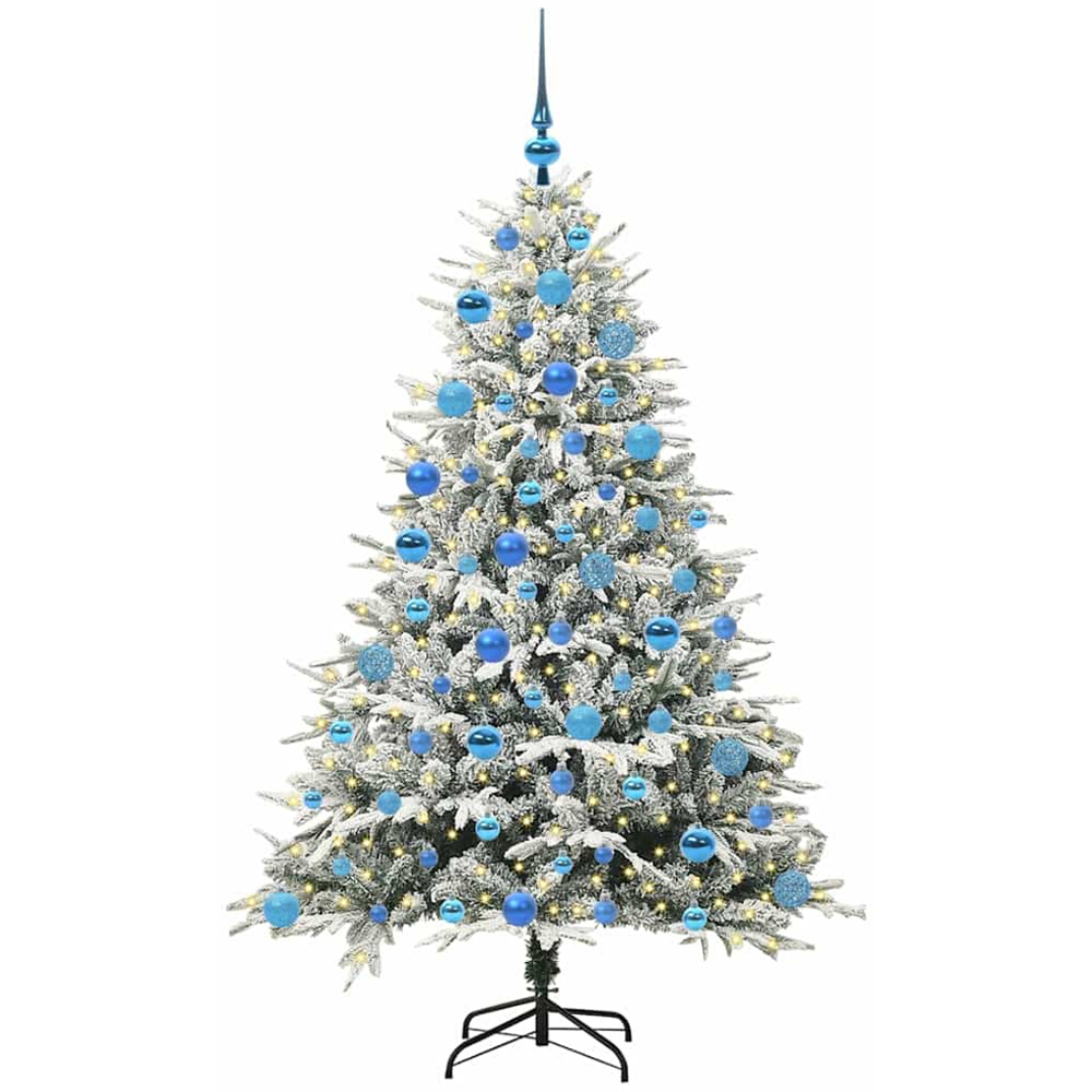 vidaXL 300 LED Pre-Lit Blue Baubles Green Artificial Snow Flocked Christmas Tree 6ft Image 1