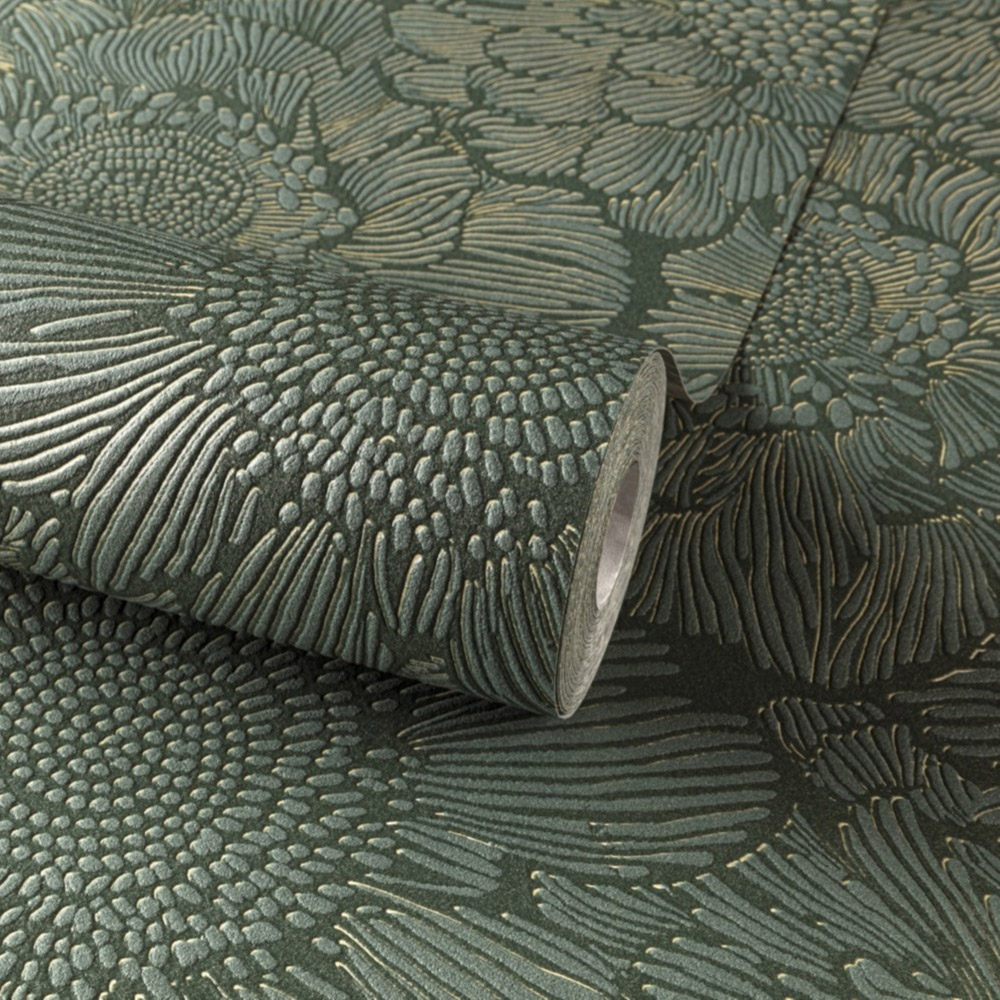 Grandeco Blown Vinyl Flora All Over Modern Florals Green Wallpaper Image 2