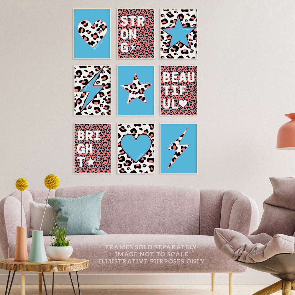 Wee Blue Coo Blue Pink Leopard Pattern Heart Lightning Star Wall Art Print 30 x 41cm 9 Pack Image 2