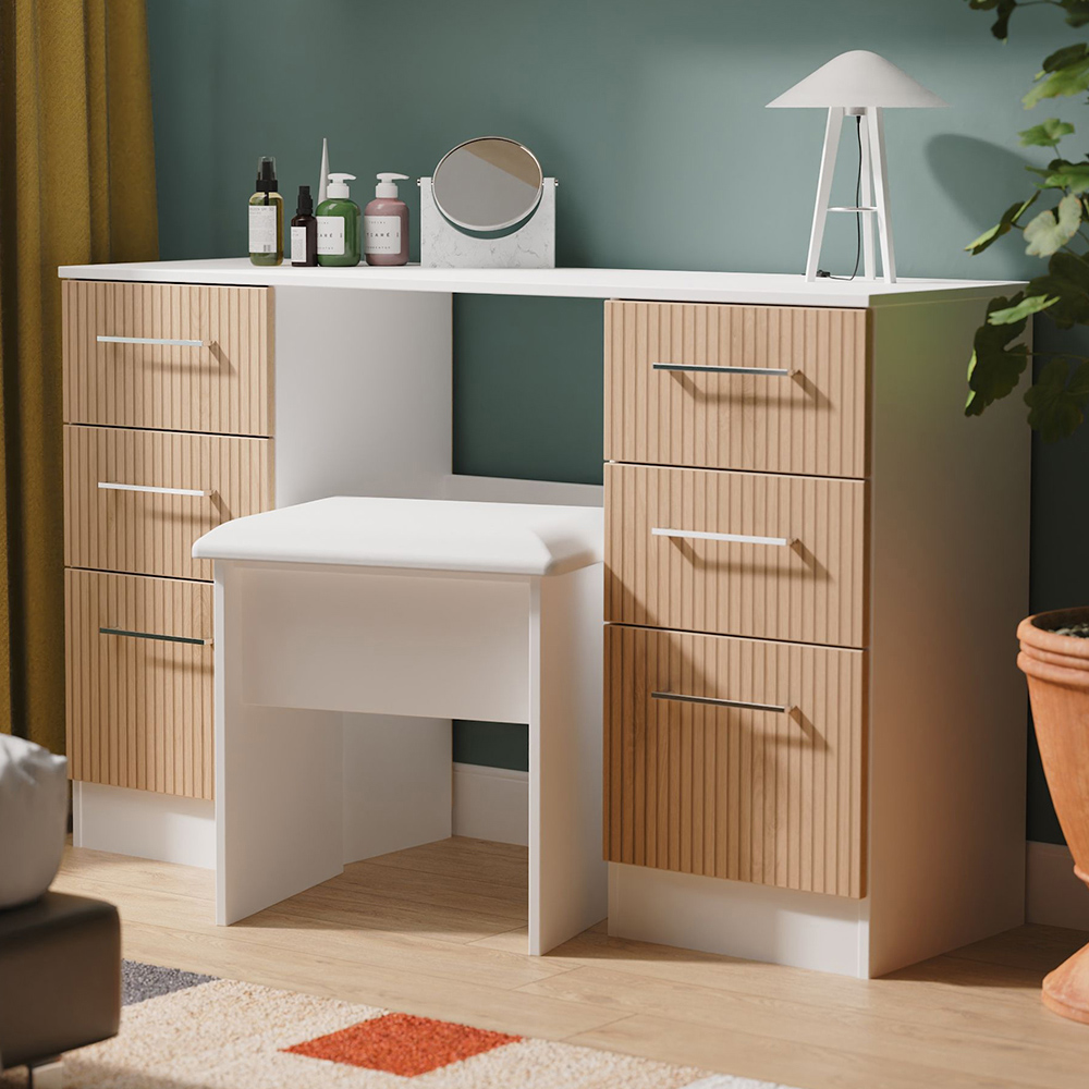 Crowndale Worcester 6 Drawer Slatt Effect and White Kneehole Desk Ready Assembled Image 1