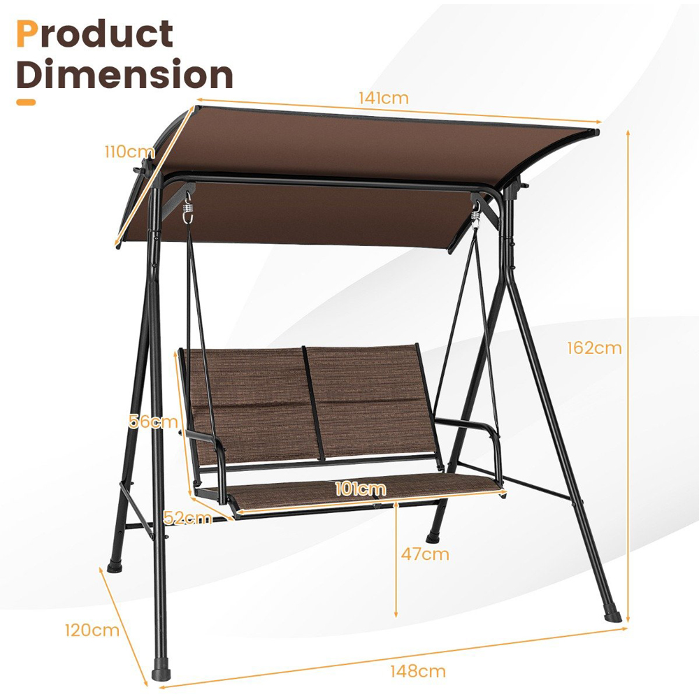 Costway 2 Seater Brown Porch Swing with Spring Hook Image 9
