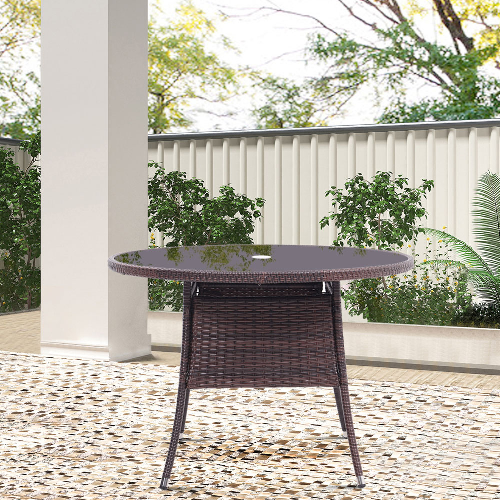 Living and Home Rattan Glass 4 Seater Round Garden Dining Table Brown Image 8