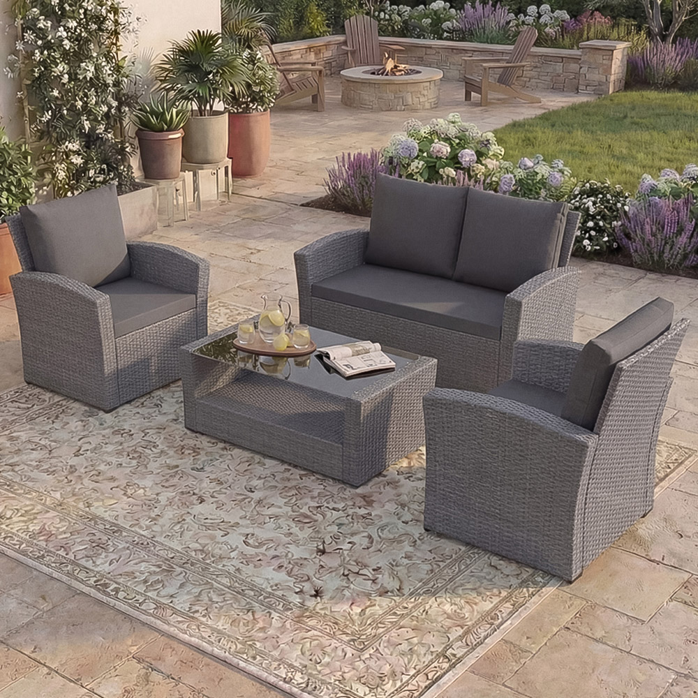 GARDEN VIDA Mylor 4 Seater Grey PE Rattan Garden Lounge Set with Cover Image 1