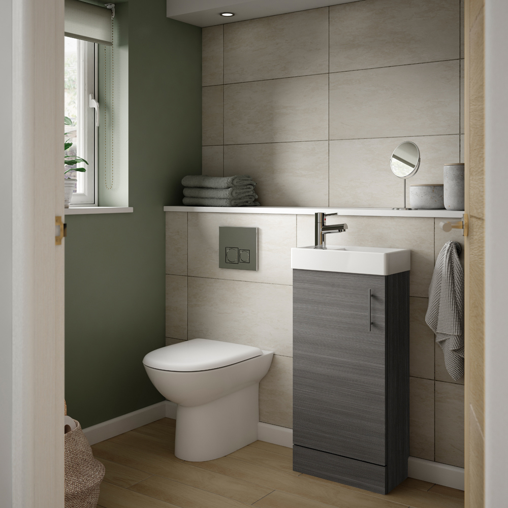 nuie Vault Single Door Anthracite Woodgrain Floor Standing Vanity Unit with Ceramic Basin 400mm Image 2