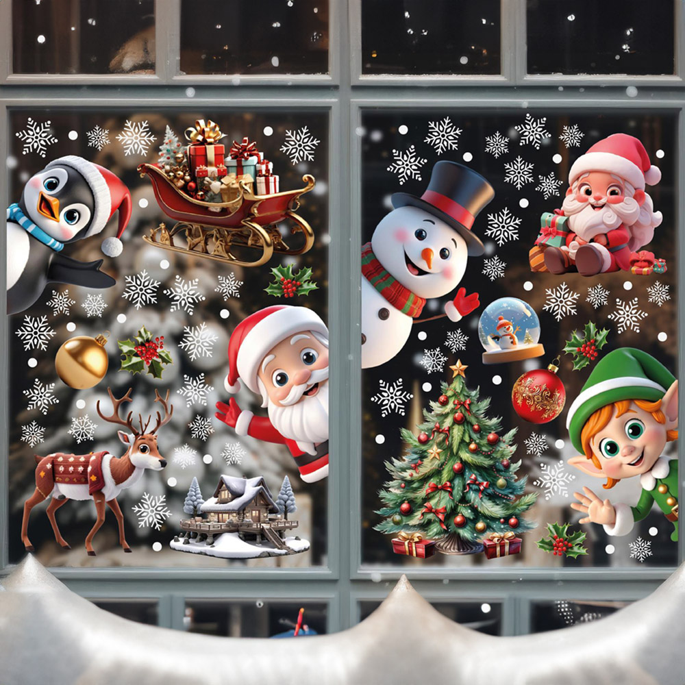 Walplus Peeking Santa and Friends with Snowflakes Double-Sided Christmas Window Stickers 149 Piece Image 1
