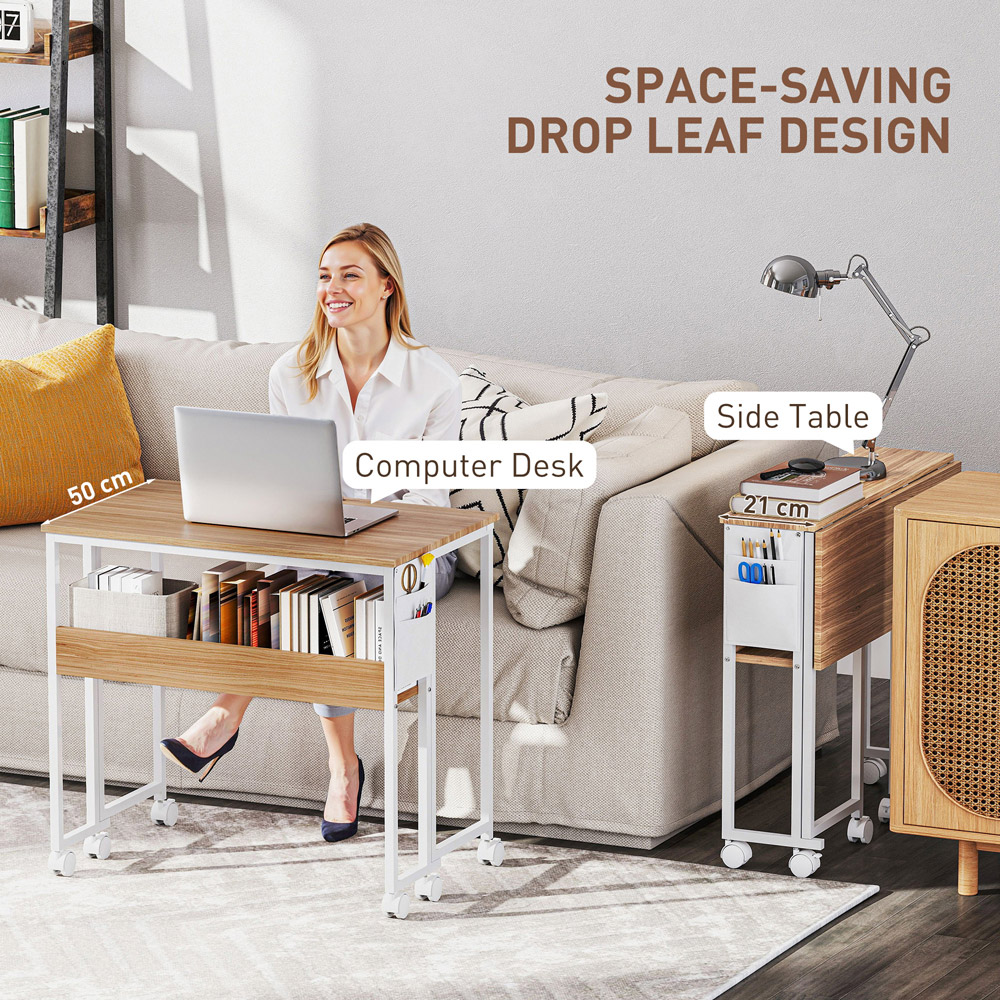 HOMCOM Single Shelf Foldable Computer Desk with Wheels and Side Bag Natural Image 4
