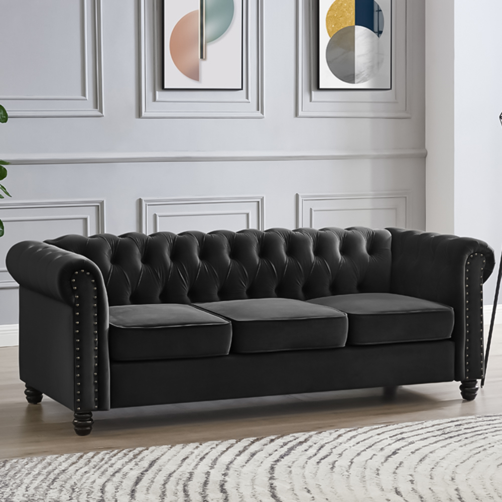 Home Detail Chesterfield 3 Seater Studded Black Velvet Sofa Image 1
