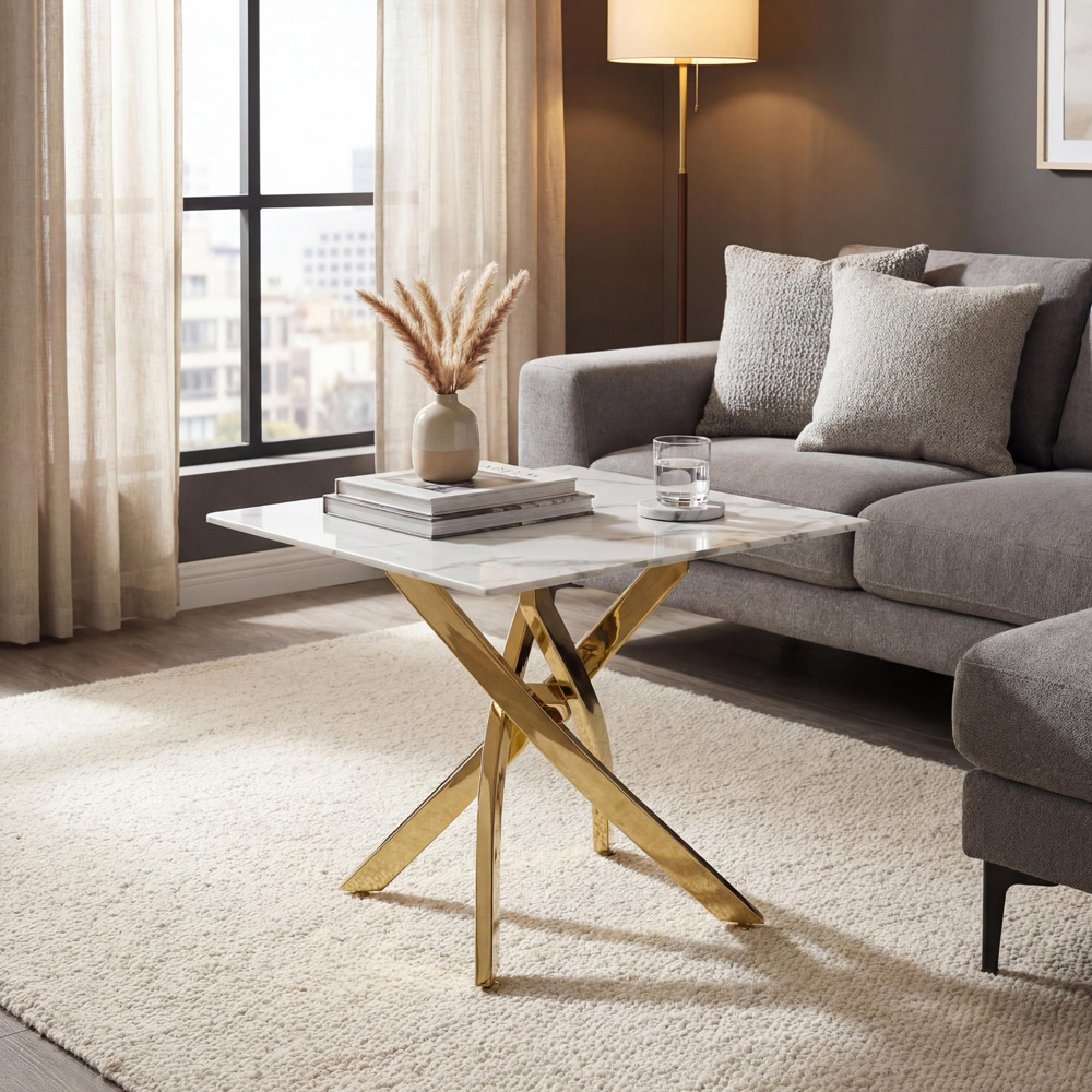 wilko Monaco Gold and White Marble Glass End Table Image 5