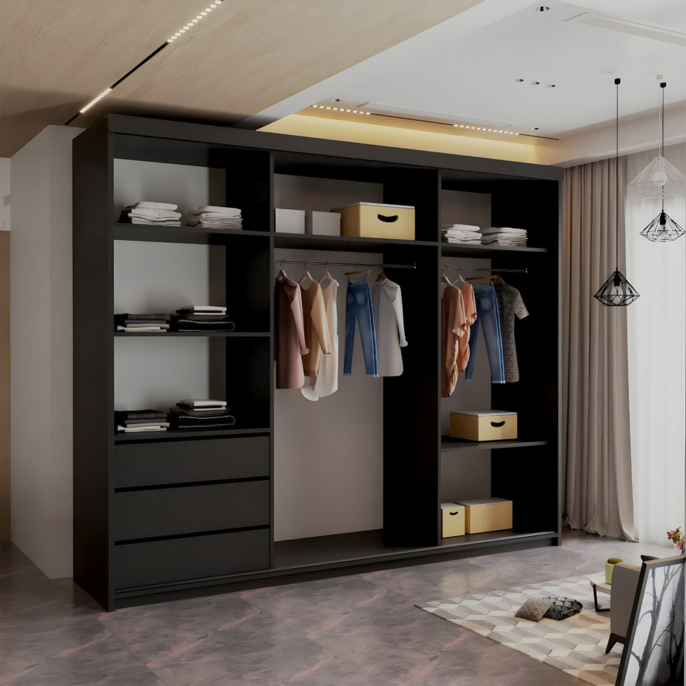 Minimalist Mirror Wardrobe with Shelves, Hanging Rails and Storage Drawers - Black 203cm Image 3