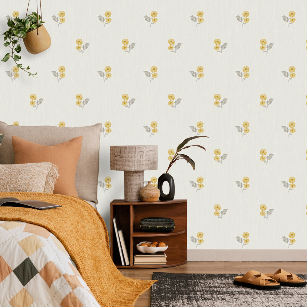 Grandeco Clametis Floral Sprig Yellow Vinyl Wallpaper Image 2