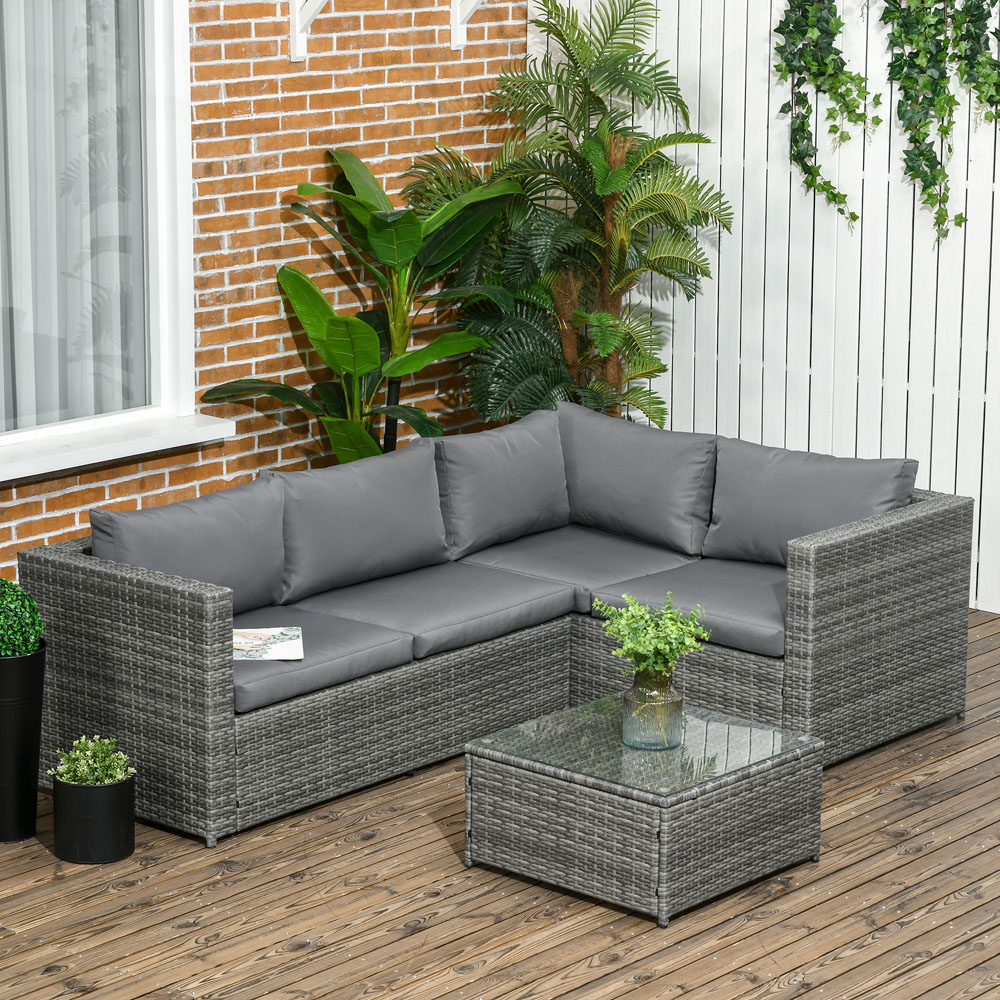 Outsunny 4 Seater Grey Rattan Corner Sofa Set with Coffee Table Image 1