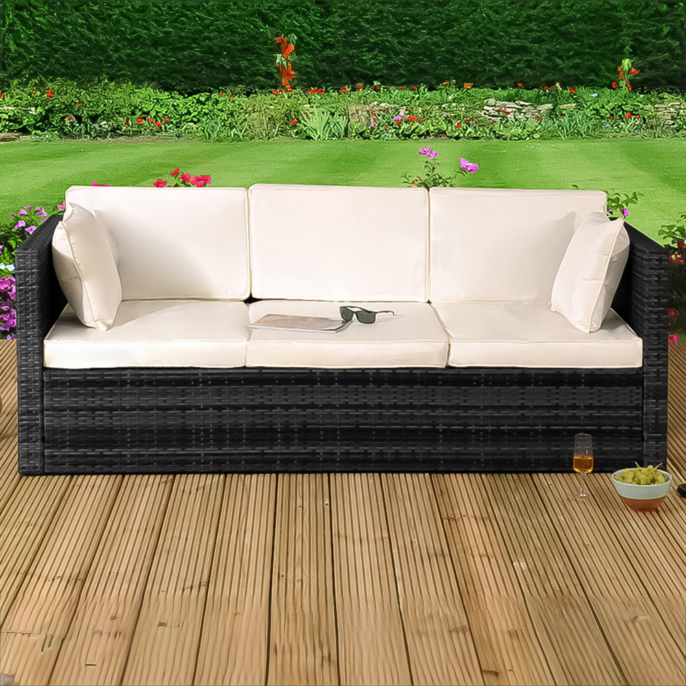 Brooklyn 3 Seater Black Rattan Sun Lounger Storage Sofa Image 1