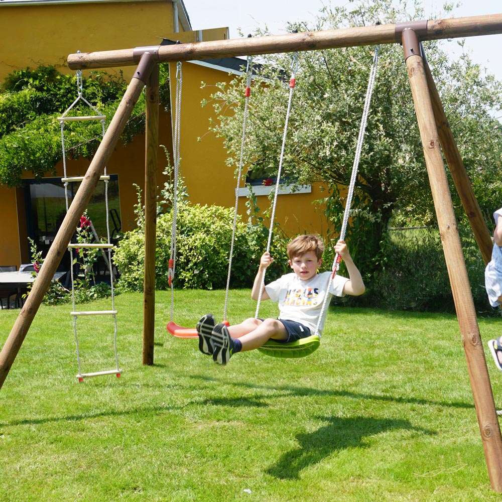 Soulet Ernest Kids Wooden Double Swing Set with Rope and Ladder Image 3