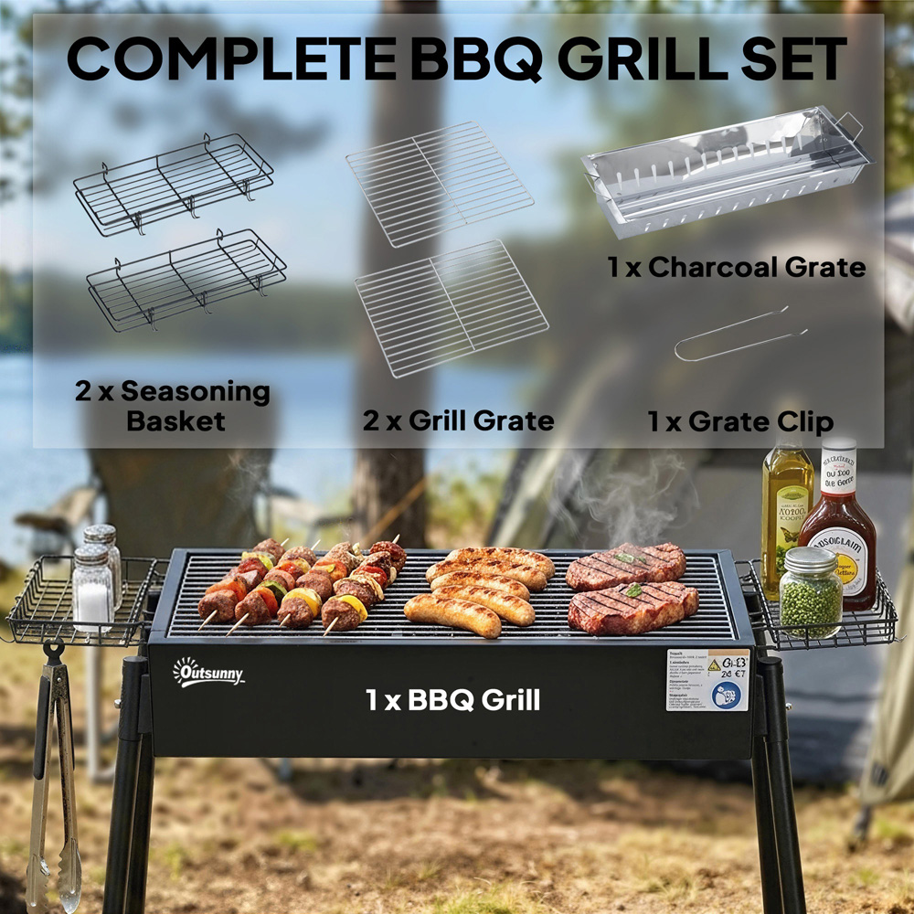 Outsunny Black Portable Charcoal Barbecue Grill with Seasoning Baskets and Hooks Image 3