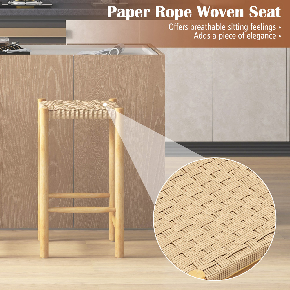 Costway Woven Paper Rubberwood Frame Dining Stool Set of 2 Image 8