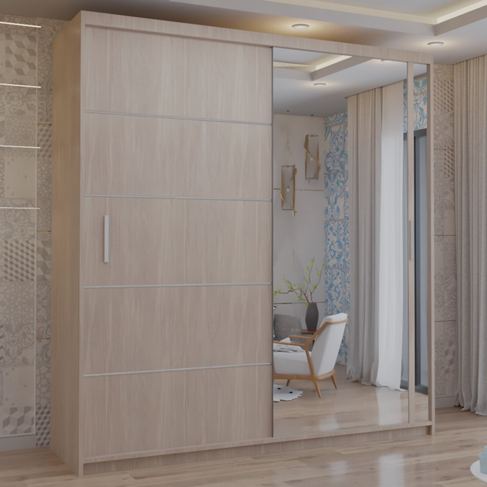 M N Furniture Venece 2 Door Oak Mirrored Sliding Wardrobe 203cm Image 1