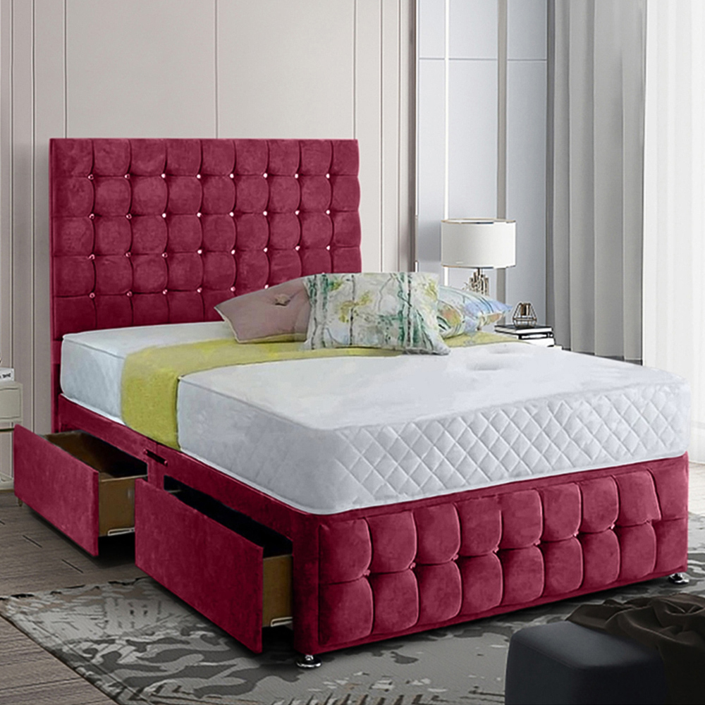 Eleganza Home Cloudrest King Size Maroon Plush Velvet 2 Drawer Divan Bed with Headboard Image 1