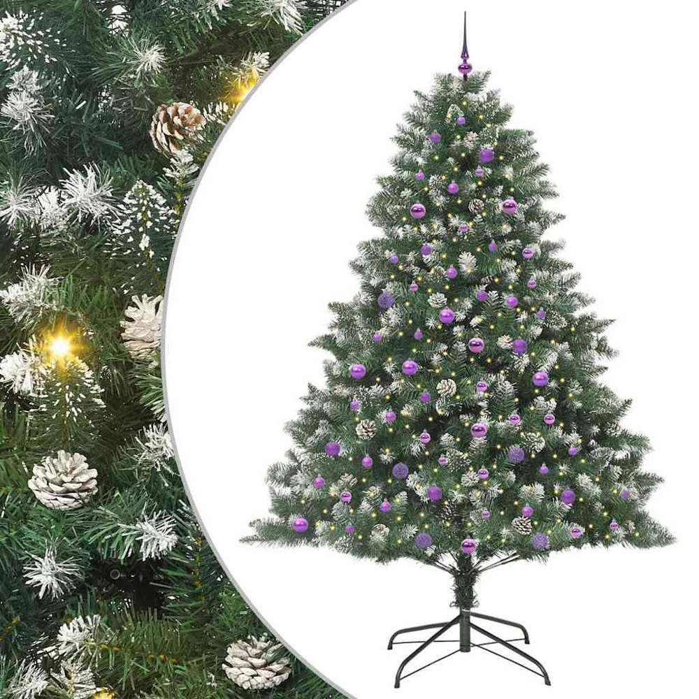 vidaXL Pre-Lit Lilac Baubles Green Artificial Snow Tipped Christmas Tree 8ft Image 2