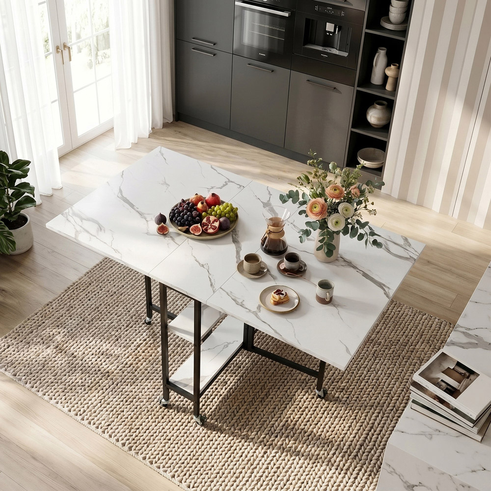 Living and Home 6 Seater Black and White Marble Effect Folding Dining Table with Shelf Image 8