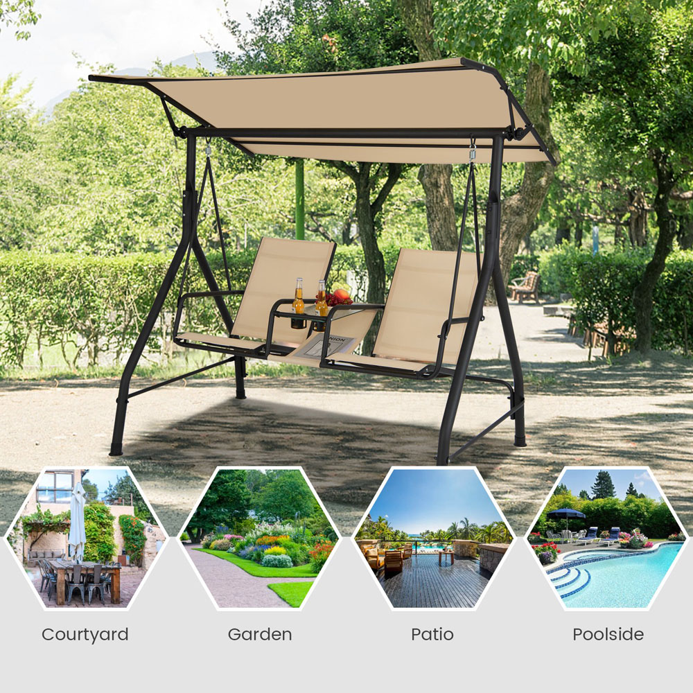 Costway 2 Seater Beige Adjustable Canopy Patio Swing Image 4