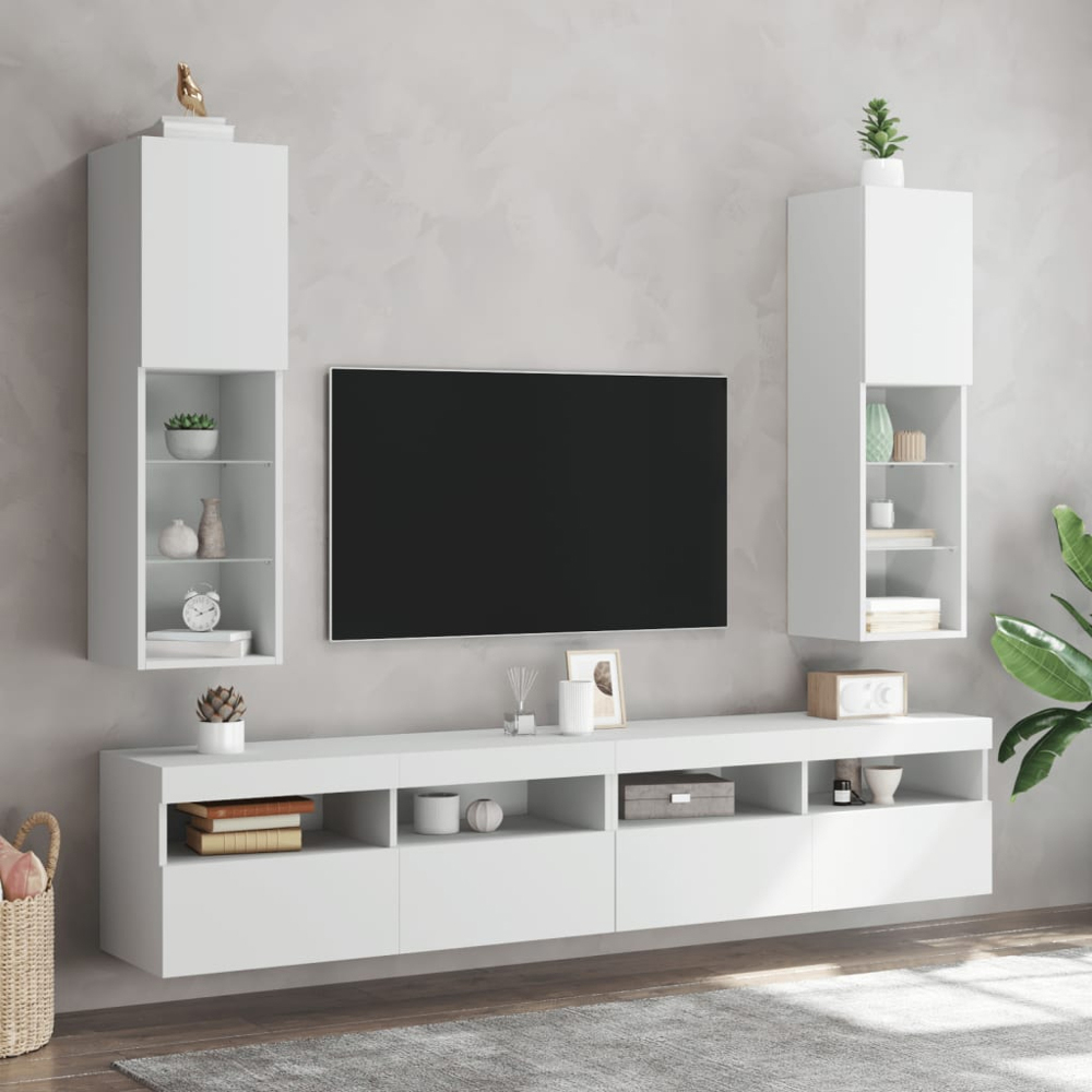 vidaXL Single Door 3 Shelf White Tall Slim TV Cabinet with LED Lights Image 9