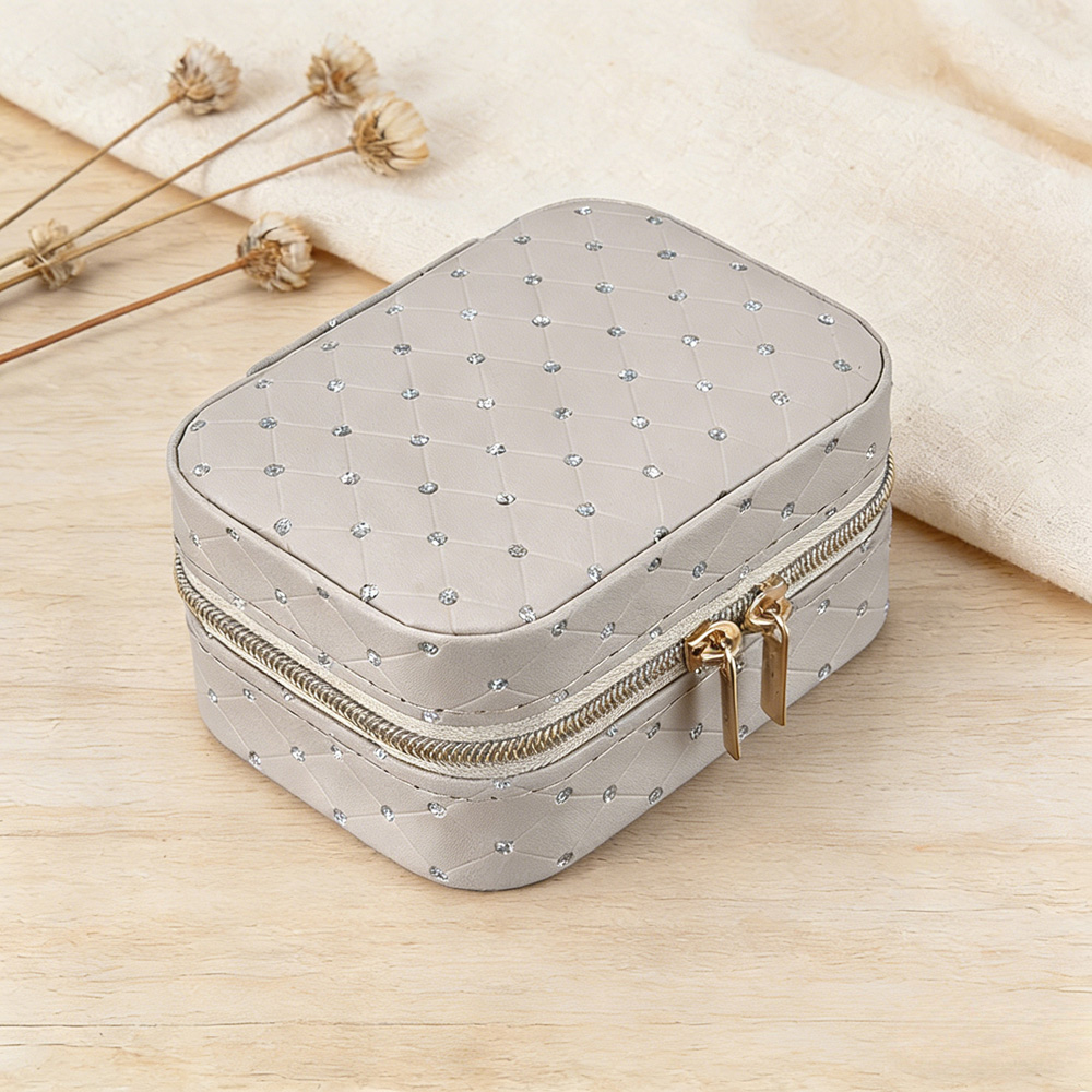 Living and Home Grey PU Leather Rhinestone Detailing Travel Jewellery Box Image 2