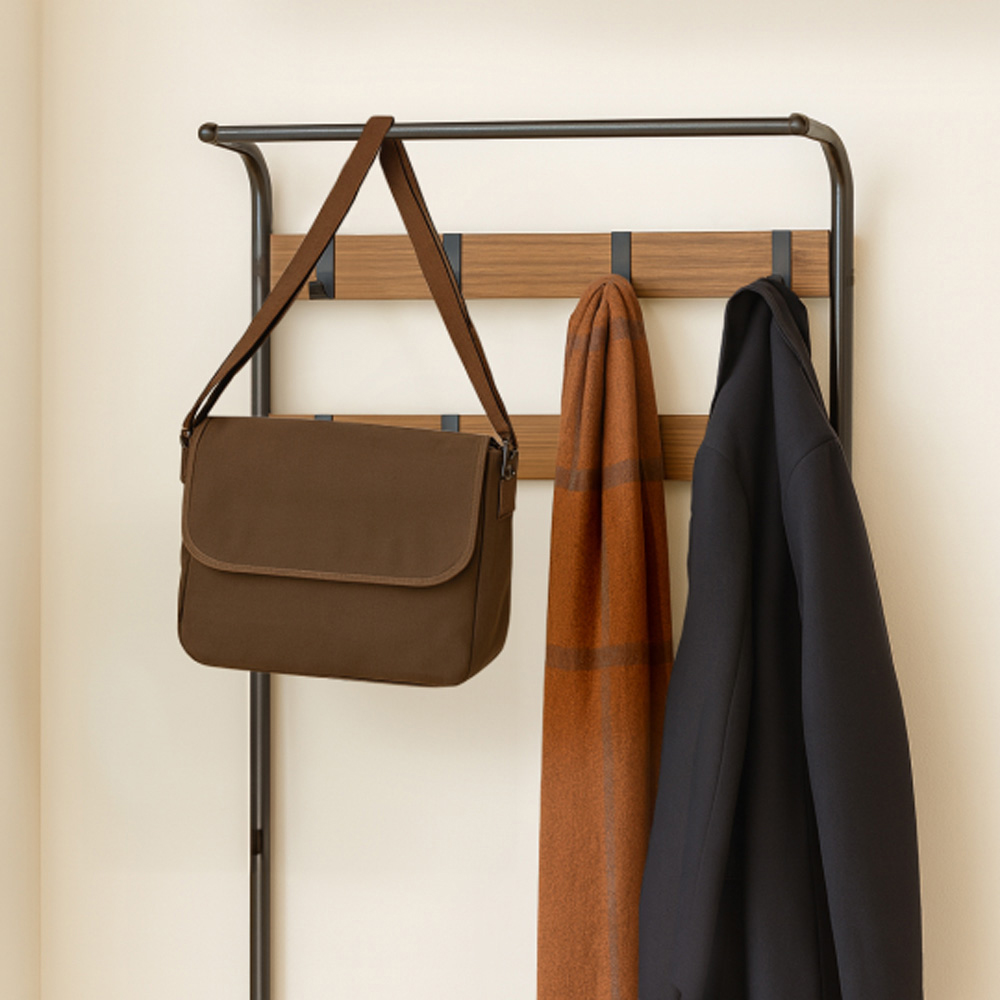 Harbour Housewares 2 Shelf 9 Hook Black and Brown Curved Steel Coat Rack with Shoe Storage Bench Image 4